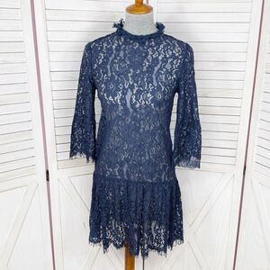 Missguided Sheer Lace Topper Tunic Dress Navy Blue Size 4 Coquette Grunge